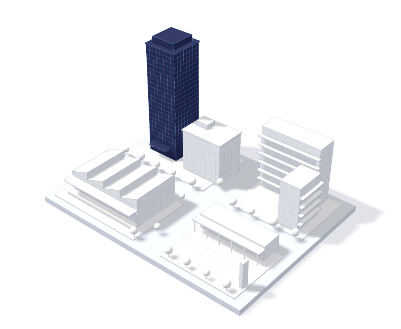 Maqueta de una manzana con la torre corporativa destacada