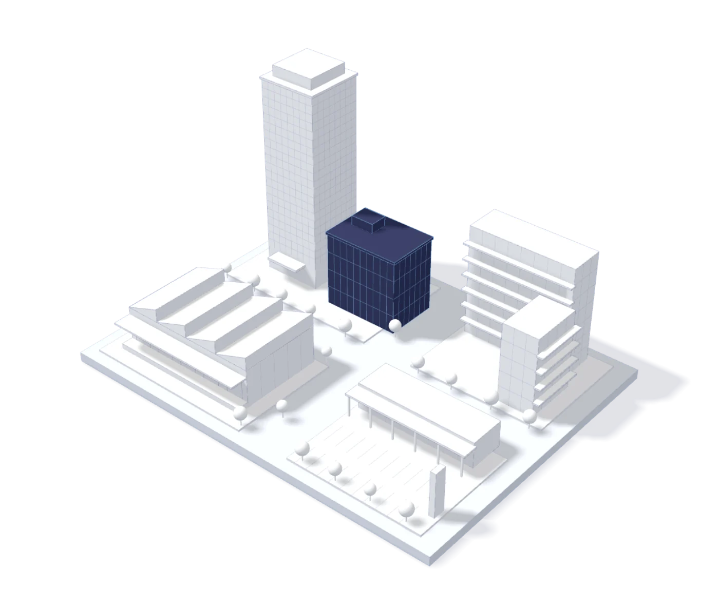Maqueta de una manzana con el edificio de oficinas destacado